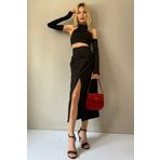 Madmext MG1540 Siyah Basic Midi Boy Büzgülü Kadın Keten Etek