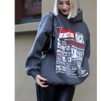 Madmext MG1581 Antrasit Baskılı Oversize Kapüşonlu Kadın Sweatshirt