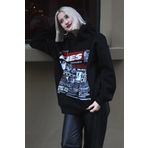 Madmext MG1581 Siyah Baskılı Oversize Kapüşonlu Kadın Sweatshirt