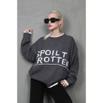 Madmext MG1596 Füme Yazılı Oversize Bisiklet Yaka Kadın Kazak