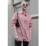 Madmext MG1729 Kırmızı Çizgili Oversize Kadın Gömlek