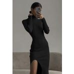 Madmext MG1735 Siyah Balıkçı Yaka Yırtmaçlı Kadın Elbise