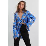 Madmext MG187 Mad Leoparlı Mavi Saten Kadın Gömlek