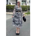 Madmext MG2065 Gri Kruvaze Yaka Desenli Şifon Elbise