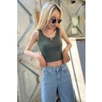 Madmext MG362 Mad Girls Önü Detaylı Haki Crop Top