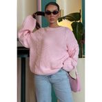 Madmext Pembe Bisiklet Yaka Örgü Desen Kadın Triko Kazak Mg2601,Pembe Standart