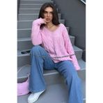 Madmext Pembe V Yaka Örgü Desen Oversize Kadın Kazak Mg2519,Pembe L