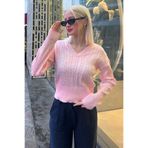 Madmext Pembe V Yaka Örgülü Triko Kadın Kazak Mg2258,Pembe L
