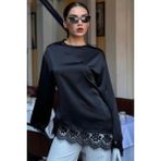 Madmext Siyah Asimetrik Dantelli Uzun Kollu Saten Bluz MG2799 - XL