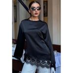 Madmext Siyah Asimetrik Dantelli Uzun Kollu Saten Bluz MG2799