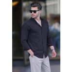 Madmext Siyah Hakim Yaka Keten Görünümlü Pamuklu Uzun Kollu Erkek Gömlek 6745