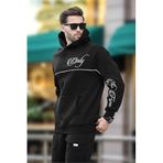 Madmext Siyah Kapüşonlu Şerit Detaylı Baskılı Erkek Sweatshirt 7091,Siyah 2XL