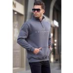 Madmext T6028 Füme Fermuar Yaka Nakışlı Erkek Sweatshirt