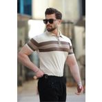 Madmext Taba Fermuarlı Polo Yaka Çizgili Erkek Tişört E7406
