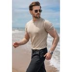 Madmext Taş Rengi Dikey Çizgili Bisiklet Yaka Triko Erkek Tişört E7505 - XL