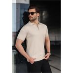 Madmext Taş Rengi Polo Yaka Fermuarlı Erkek T-Shirt E7298,Taş Rengi S