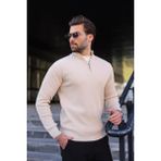 Madmext Taş Rengi Yarım Fermuarlı Dik Yaka Erkek Triko Kazak 7442 - 2XL