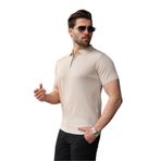 Madmext Taş Rengi Yarım Fermuarlı Polo Yaka Triko Erkek Tişört E7459,Taş Rengi S