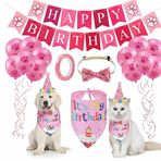 MADPET Evcil Hayvan Doğum Günü Süsleme Seti Pembe – Köpek ve Kedi için Birthday Party Konsept Paketi – Balon, Happy Birthday Banner, Bandana, Papyon, Şapka ve Parti Aksesuarları