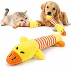MADPET Peluş Ördek Kedi Köpek Oyuncağı - Isırınca Ses Çıkaran İnteraktif Oyun Arkadaşı - Yumuşak Dokulu Çizgili Tasarım - Yavru ve Yetişkin Evcil Hayvanlar İçin - 25 x 10 x 4 cm - Sarı Turuncu