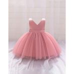Madya Butik Pudra Kız Bebek Anvelop Mini Elbise Abiye Doğum Günü İçin Rahat Silüet Fiyonk Detaylı - Pudra - Pembe - 4 - 5 Yaş