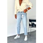 MADZEYMODA Boyfriend Erkek Buz Mavi Yırtık ve Paça Püskül Detaylı Jean Kot Pantolon
