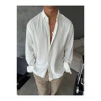 MADZEYMODA Erkek Beyaz Rahat Kalıp Pamuklu Keten Gömlek LS-19845