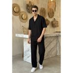 MADZEYMODA Erkek Kısa Kol Keten Gömlek & Baggy Pantolon Siyah Alt Üst Takım LS-7023