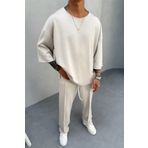 MADZEYMODA Erkek Oversize Kalıp Oyaho Kumaş Bej Rengi T-Shirt Pantolon Alt Üst Takım KE-0112