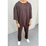 MADZEYMODA Erkek Oversize Kalıp Oyaho Kumaş Kahverengi T-Shirt Pantolon Alt Üst Takım KE-0112
