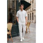 MADZEYMODA Erkek Regular Beyaz Yarım Fermuarlı Dik Yaka T-Shirt & Çimalı Pantolon Alt Üst 2'li Takım MZ-2719