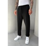 MADZEYMODA Waffle Kumaş Çima Detaylı Boyfriend Erkek Siyah Jogger Pantolon Mz5036