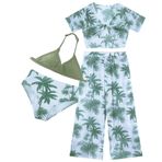 Maeau Mayo, 4 parça, kız çocukları için, bikini üstü, slip+etek/pantolon + Cover Up Top, Hawaii baskılı mayo, plaj kıyafeti, 8-12 yaş, 01 Açık Yeşil, 9-10 Yaşe