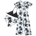 Maeau Mayo, 4 parça, kız çocukları için, bikini üstü, slip+etek/pantolon + Cover Up Top, Hawaii baskılı mayo, plaj kıyafeti, 8-12 yaş, 01 Siyah, 10-12 Yaşe