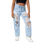 Maeau Yıldızlar/yırtık kot pantolon, geniş bacaklı, kızlar için, düz kot pantolon, bol kesim, elastik bel ve cepli, 7-14 yaş/yükseklik 130-160 cm, Açık Mavi 2, 9-10 Yaş