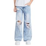 Maeau Yıldız/yırtık kot pantolon, geniş bacaklı, erkek çocuklar için, düz kot pantolon, bol kesim, elastik bel ve cepli, 5-14 yaş/yükseklik 120-160 cm, Açık mavi 1, 9-10 Yaş