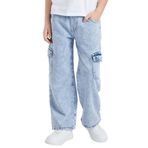 Maeau Yıldız/yırtık kot pantolon, geniş bacaklı, erkek çocuklar için, düz kot pantolon, bol kesim, elastik bel ve cepli, 5-14 yaş/yükseklik 120-160 cm, Açık Mavi 3, 11-12 Yaş