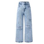 Maeau Yırtık kot pantolon, geniş bacaklı, kızlar için, baskılı kot pantolon, düz, bol kesim boş zaman pantolonu, elastik bel ve cepli, 5-14 yaş/yükseklik 120-160 cm, Açık mavi, 9-10 Yaş