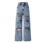 Maeau Yırtık kot pantolon, geniş bacaklı, kızlar için, baskılı kot pantolon, düz, bol kesim boş zaman pantolonu, elastik bel ve cepli, 5-14 yaş/yükseklik 120-160 cm, Baskılı-mavi, 5-6 Yaş