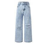 Maeau Yırtık kot pantolon, geniş bacaklı, kızlar için, baskılı kot pantolon, düz, bol kesim boş zaman pantolonu, elastik bel ve cepli, 5-14 yaş/yükseklik 120-160 cm, Mavi, 5-6 Yaş