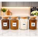 Mafa Home 4'lü Ahşap Vakum Kapaklı Cam Şeker Kahve Türk Kahvesi Hazır Kahve Saklama Kavanozu Seti 800 ml Etiket Hediyeli - Şeffaf - 4 Adet