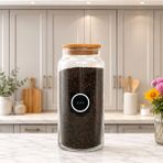 Mafa Home Ahşap Vakum Kapaklı Cam Saklama Kavanozu 1400 ml Çay Etiketi Hediyeli - Açık Kahverengi - Şeffaf