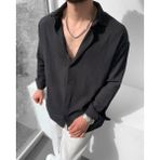 Magıcalfashıon Erkek Oversize Uzun Kollu Yazlık Keten Gömlek - 0 Siyah