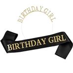 MAGICSHOP4U "Birthday Girl" Kuşak ve Taç Seti - 2 Parça Set - Siyah ve Altın Doğum Günü Kuşağı ve Taç Doğum Günü Dekorasyonu için - Siyah ve Altın Saten Kuşak, Kafa Bandı Doğum Günü Kız Kuşağı, Kadınlar için