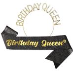 MAGICSHOP4U "Birthday Queen" Kuşak ve Yapay Elmas Taç Seti, 2 Parça Set - Doğum Günü Dekorasyonu için Siyah Doğum Günü Kuşağı ve Taç - Kafa Bandı Doğum Günü Kız Kuşağı, Kadınlar için Doğum Günü Kuşağı, Doğum Günü