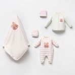 Magu Erkek Bebek Pamuklu Ayı Desenli Süzene Battaniyeli 5 Parça Hastane Çıkışı Zıbın Seti - Standart - Pembe