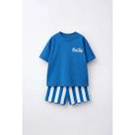 Magu Erkek Çocuk Pamuklu Baskılı T-Shirt Çizgili Şort Takım - 7 - 8 Yaş - Mavi