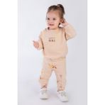 Magu Kız Bebek Çiçek Desenli Pamuklu Sweatshirt Eşofman Alt-Üst Takım - Bej - 6 - 9 Ay