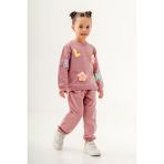 Magu Kız Çocuk Blom Pembe Kabartma Çiçek Pamuklu Sweatshirt Eşofman Alt-Üst Takım - 2 - 3 Yaş