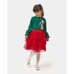 Magu Kız Çocuk Pamuklu Yeşil Kırmızı Yeni Yıl Temalı Baskılı Etekli Takım - Sweatshirt Katlı Tül Etek - 7 Yaş - Karışık